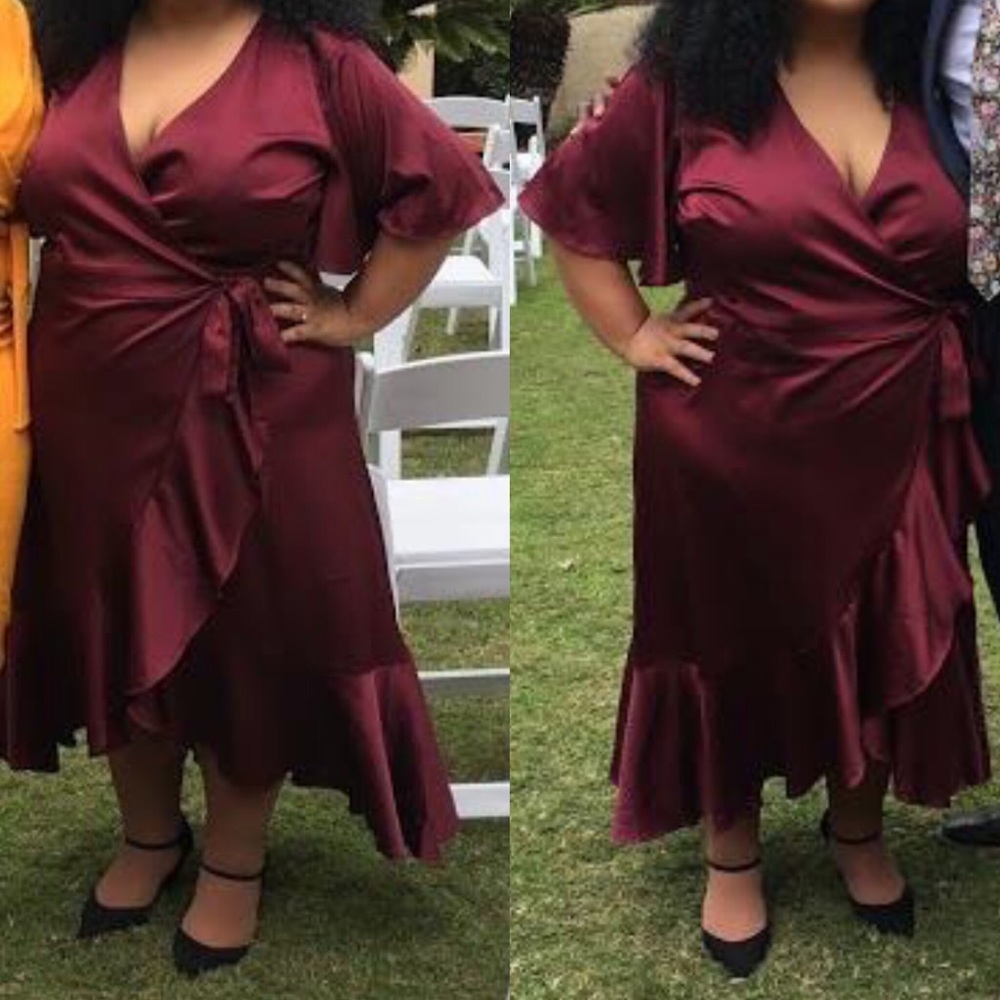 Burgundy Satin Wrap Cocktail Dress Plus Size 2X